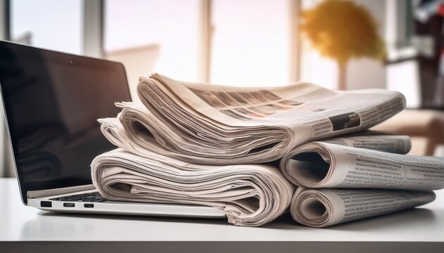 laptop and stack of newspapers showcasing online and print media