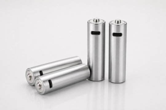 Batterie stilo AA ricaricabili color argento metallizzato con ingresso USB-C e cavo di ricarica, design moderno ed ecologico.