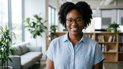 Fototapeta premium Confident woman smiling in modern office space.