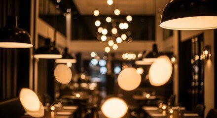 Obraz premium Restaurant Interior Featuring Warm Pendant Lighting