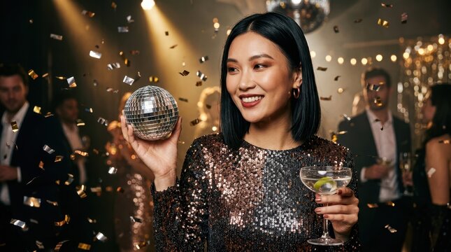 Party scene with a stylish woman holding a disco ball and cocktail