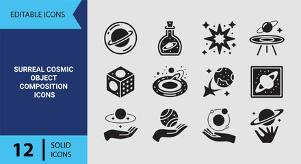 Surreal Cosmic Object Composition Icons Solid Icon Set Outer Space Fantasy Elements For SciFi Illustration © Jemi