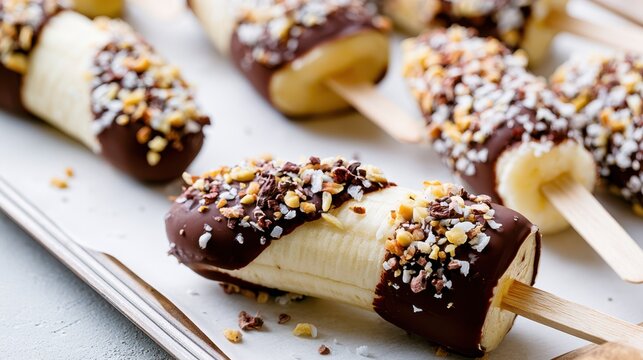 Delicious frozen banana treats dipped in chocolate with toppings