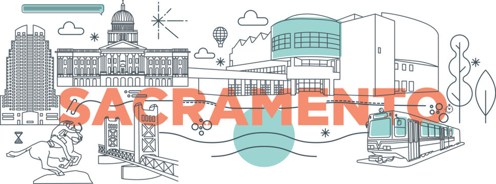 Sacramento culture travel set, famous architecture and specialties in flat design. Business US tourism concept clipart. Americas image for presentation, banner, website, advert, flyer, roadmap, icons