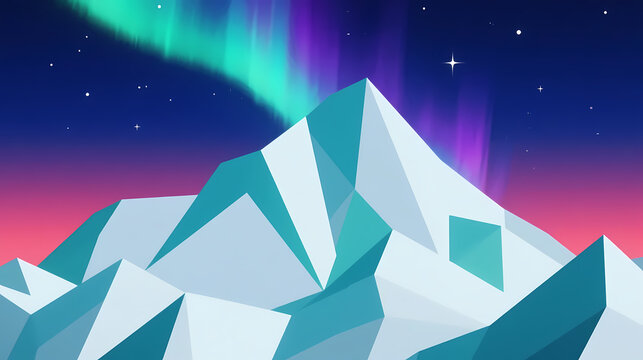 Low poly snowy mountain under aurora