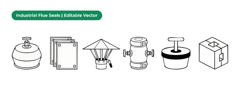 Industrial flue seals pipe plug line icons vector set for engineering, mechanical duct isolation, chimney cowl sealing systems, gas pipeline maintenance components in isolated outlines.