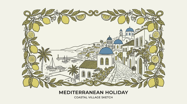 Artistic minimalist ink sketch of a scenic Mediterranean coastal village landscape within an ornate decorative frame of yellow lemon citrus fruits and green leaves on a clean white background.