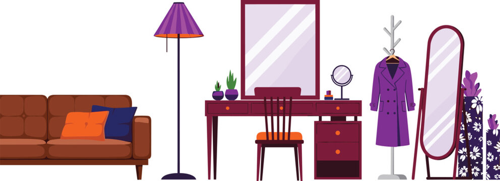 Modern bedroom and living room furniture vector set with brown leather sofa dressing table mirrors floor lamp coat rack illustration