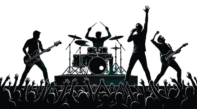 Rock band concert silhouette vector with live music musicians singer guitarist drummer performance stage and cheering crowd audience