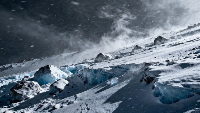 Snow and ice blowing across a steep mountain slope during a harsh winter blizzard