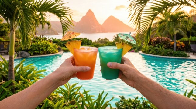 Cheers to tropical paradise with colorful cocktails by the pool at sunset
