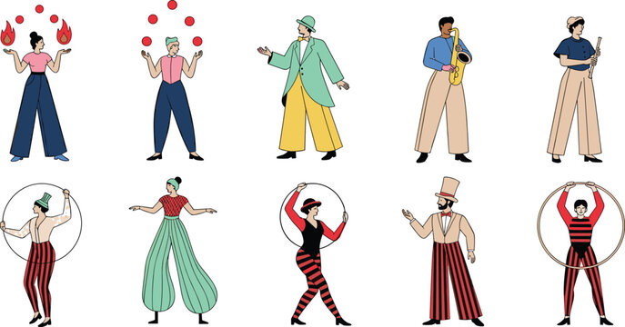 Vintage flat design circus characters bundle featuring jugglers hula hoop dancers ringmaster and retro jazz musicians vector illustration, 17 words.