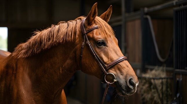 Brown horse wearing leather bridle in a stable or barn with hay visible