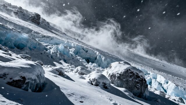 First-person view of a snowy bobsleigh track with splashing snow and glacier walls in the mountains
