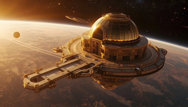 Futuristic Space Observatory on an Alien Planet at Golden Sunrise