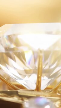 Vertical video: Glinting cut gem catching moving studio light, gold prongs, small stones sparkling