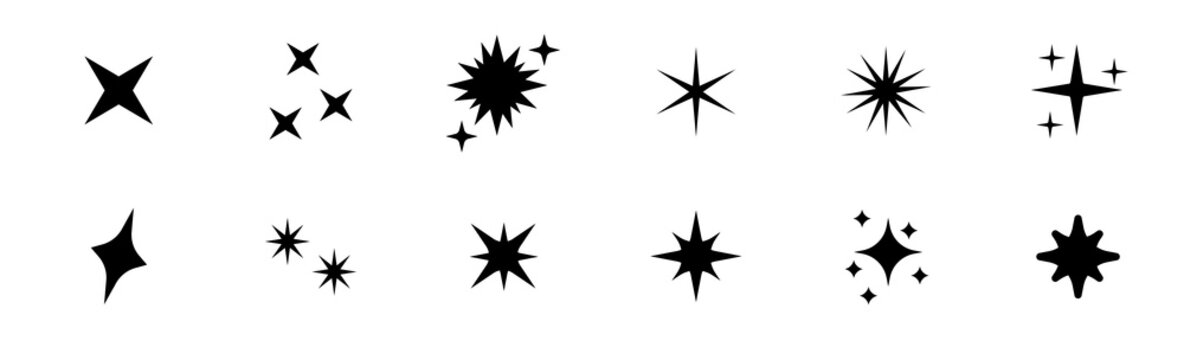 Set of original star sparkle shapes. Abstract shine effect vector sign. Retro futuristic bright vector icons collection. Glowing light effect, twinkle templates stars and bursts, shiny flash.