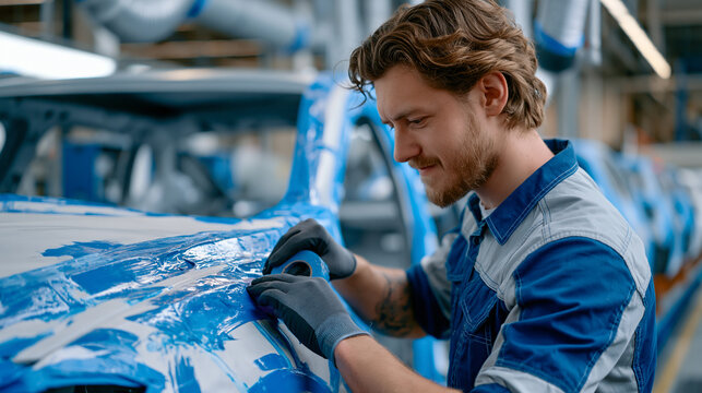 Automotive paint shop preparation worker applies masking tape to a door jamb before entering spray booth, a row of vehicle bodies on conveyor awaiting primer application behind safety curtain in a f
