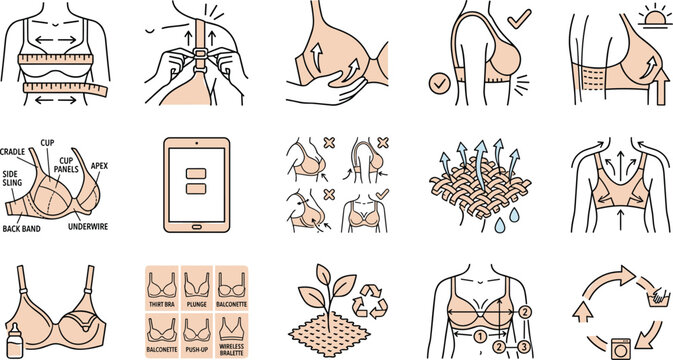 Bra fitting guide line icon vector set featuring underwear size measurement anatomy types fabric properties and laundry care.