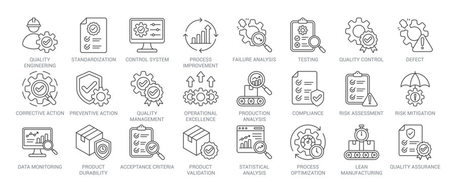 Quality Engineering outline vector icon set featuring quality control, quality assurance, lean manufacturing, process optimization, risk assessment, testing, compliance, product validation concepts.