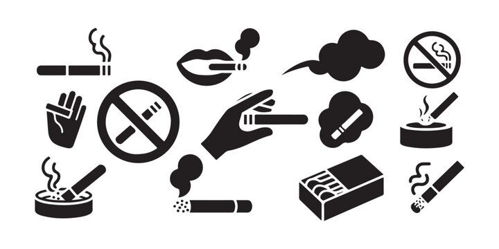 Compilation of smoking icons including ashtrays cigarettes hands holding cigars and matchbox items.