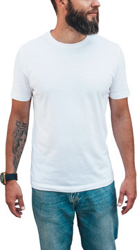 Blank white t shirt mockup on bearded man isolated on transparent background