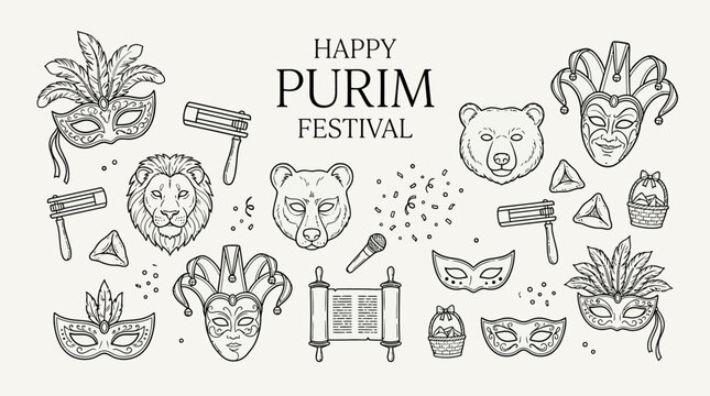 Vibrant Collection of Thirty-Two Happy Purim Festival Jewish Holiday Masks and Carnival Party Elements for Traditional Celebration with Colorful Festive Costume Decorations and Ornaments