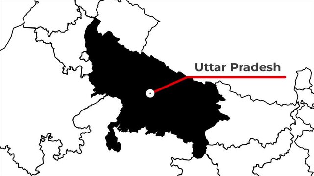 Zoomed in India map animation highlighting Uttar Pradesh state in a solid black silhouette with a red callout line and blinking target dot on a white outline background
