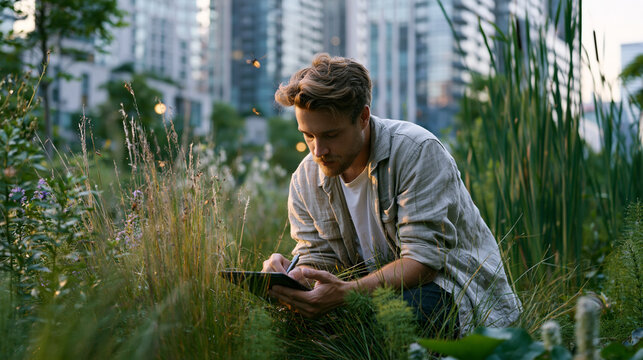 Ecologist crouching in tall native grasses inside a rewilded urban park corridor at dawn mist, noting returning insect species on a field tablet while birdsong fills the air and distant apartment to