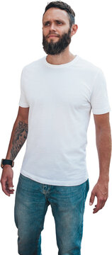 Blank white t shirt mockup on bearded man isolated on transparent background