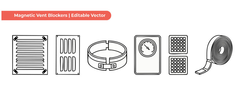 Magnetic vent blocker vector icons for home HVAC air draft sealing, ventilation system register covers, duct insulation set isolated on white background for DIY house energy efficiency improvement.