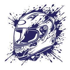 Obraz premium A dark blue ink splatter of a full-face motorcycle racing helmet, isolated on a white background, featuring dynamic paint drips and messy brush strokes, motorsports t-shirt poster