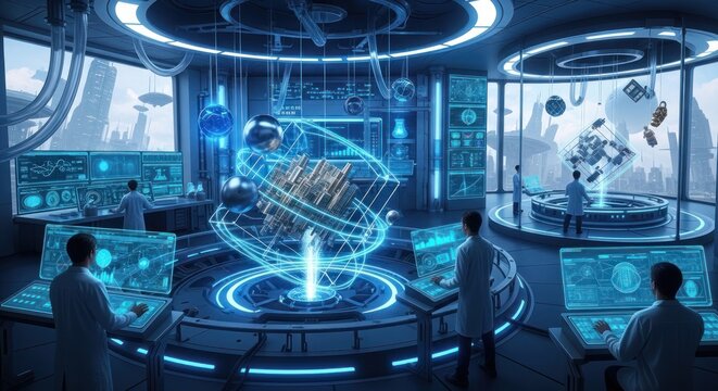 Futuristic research laboratory with scientists working on holographic data projections and complex digital structures in a high tech facility overlooking a sprawling city skyline