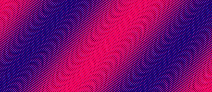 Abstract geometric background with diagonal lines. Neon pink and dark blue vector pattern with linear stripes and halftone gradient transition optical illusion texture.