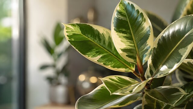High quality macro of Variegated Rubber Plant leaves showing cream and green patterns suitable for interior design catalogs plant care guides or botanical pattern inspiration