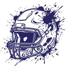 Obraz premium American football helmet shown from a side angle, featuring dark blue ink splatters and paint splashes on at-shirt poster white background, sports team branding and athletic gear
