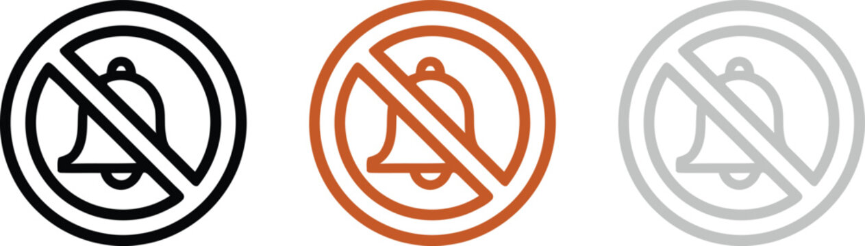 Variations of a silent mode bell icon with a prohibition sign in black, orange and grey outline styles for user interface design and digital apps