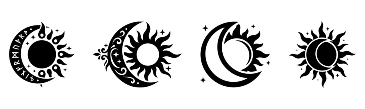 Celestial Sun and Crescent Moon Logo Icon Set, Mystical Esoteric Astrology Vector Illustrations