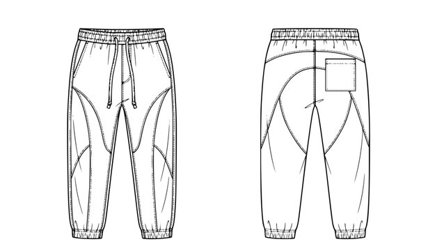 Minimal Two Panel Joggers CAD Flat Drawing Front Back Fashion Vector Illustration