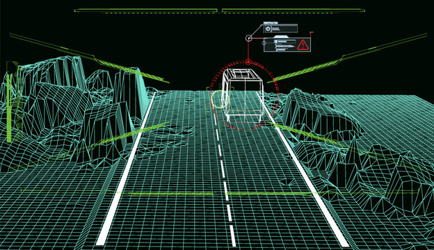 Drone AI night vision guidance system tracks a vehicle on a wireframe mountainous road at night with warning signals