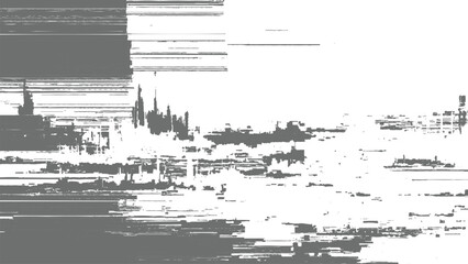 Fototapeta premium Abstract black and white digital glitch art texture background with distorted pixelated city skyline harbor effect