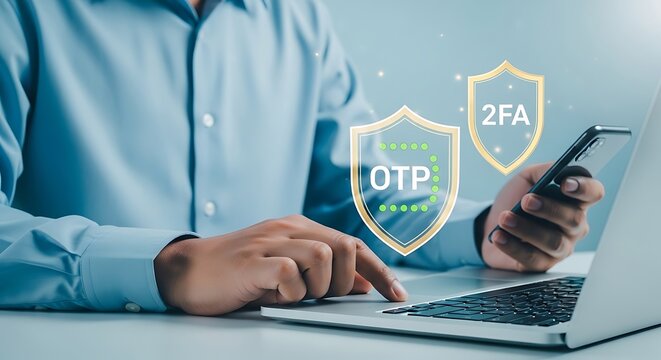 Businessman using smartphone and laptop with 2fa and otp security verification icons for online account protection