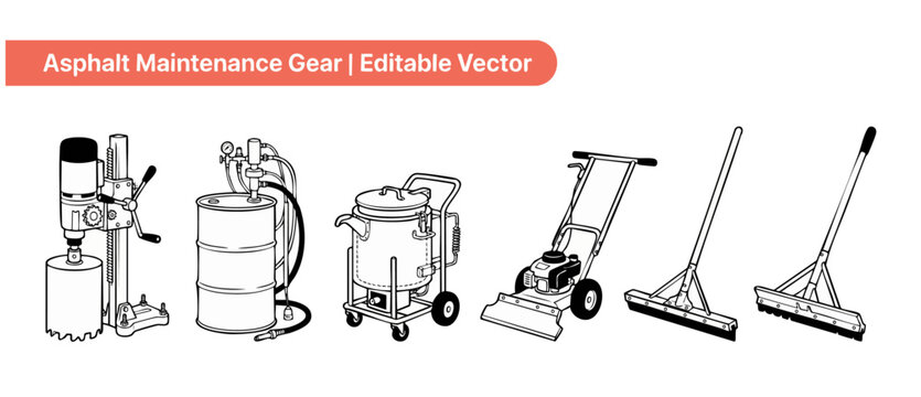 Asphalt maintenance equipment vector icons set showing core drill, sealer drum pump, crack filling kettle, walk-behind applicator machine, squeegee, and lute rake for road repairs. Industrial tools.