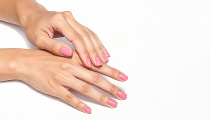Naklejka premium The Minimalist Manicure: Serene female hand with pink nail polish showcases gentle skin care, displaying clean minimalist beauty look on soft white background