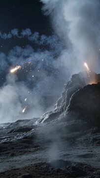 Vertical video: Glowing rock cliff sending sparks after flares hit at night, with vent steaming