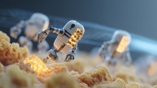 Nanorobot Microscopic view of futuristic robotic probes examining biological microorganisms. High-tech nanomedicine presentation banner with selective focus.