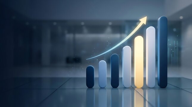Digital 3D bar graph with rising arrow signifying growth, success, and positive financial trends in a modern office.