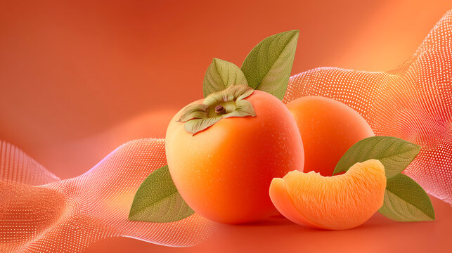 Two ripe persimmons with green leaves are set against vibrant orange background, enhanced by motion lines and halftone shading. slice is placed in foreground, adding depth and texture