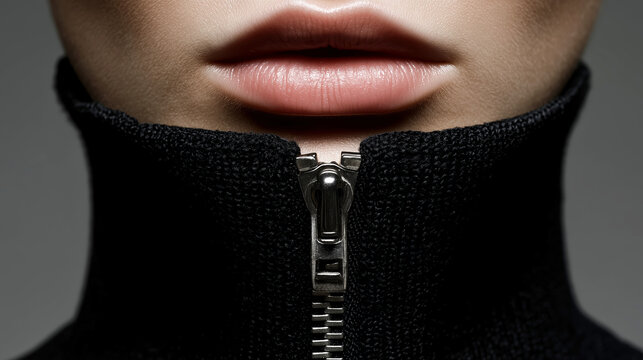Close up of person lips with black zipper fully closed from chin to collarbone, symbolizing silence and secrecy