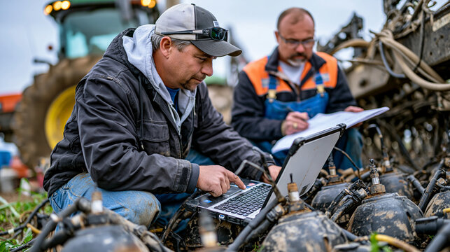 Agricultural equipment calibration crew checks planter unit row spacing on a large corn planter bar in an equipment yard, one technician under the frame while another consults calibration guide on a